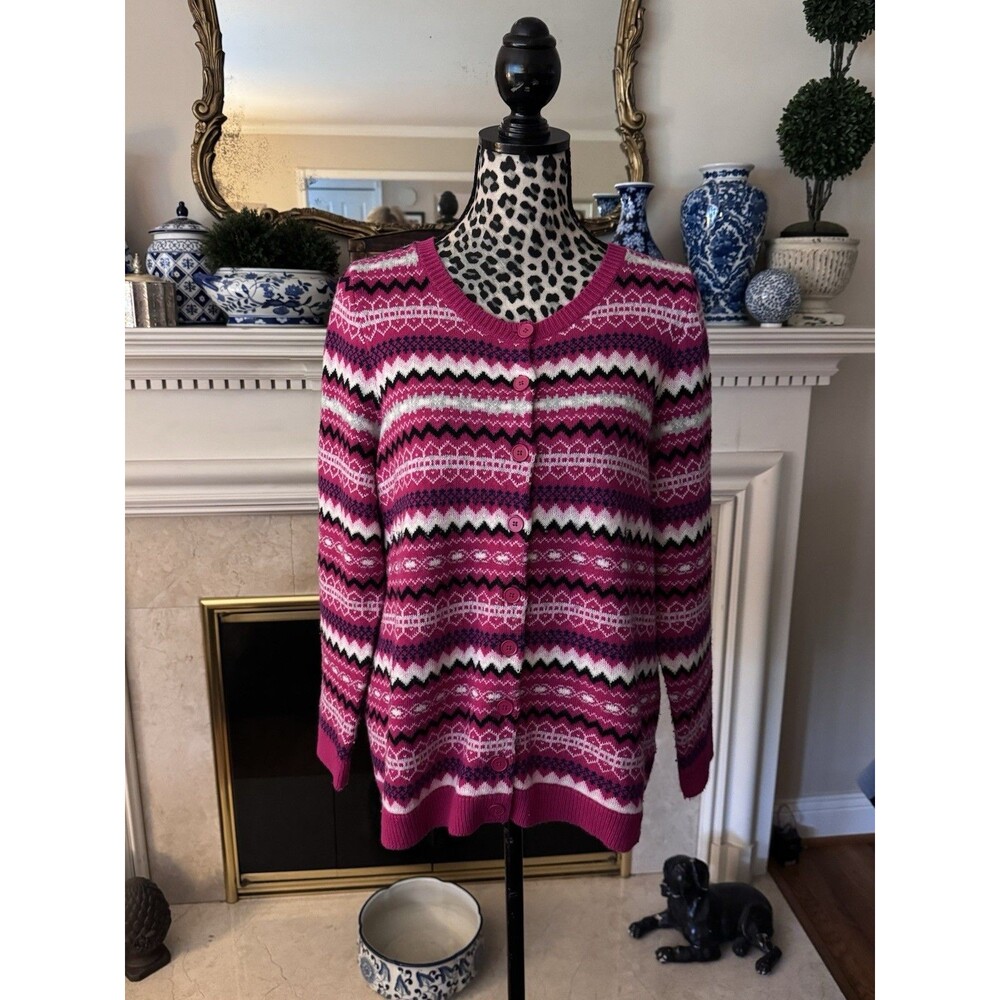 Talbots Pink Fair Isle Sweater Cardigan Size 1Xp Heavyweight Nylon Wool Blend